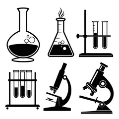 Six Black and White Icons of Scientific Laboratory Equipment