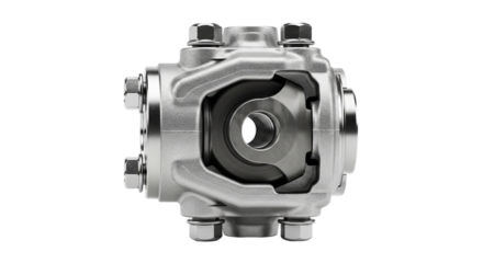 A precision-engineered, heavy-duty metal universal joint for mechanical power transmission, isolated on a white background.