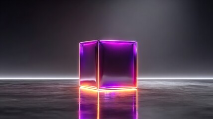 Futuristic glowing cube in purple and orange neon light on reflective surface, symbolizing blockchain, digital innovation, and virtual assets