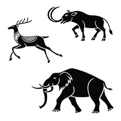 Naklejka premium Three Ancient Animal Silhouettes with Decorative Elements