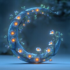 Crescent moon, crafted from glowing wood, adorned with delicate flowers and glowing lights