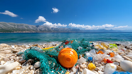 Plastic waste fishing net rocky shore blue sea coastal pollution marine debris sunny day clear sky pebble beach environmental problem Plastic waste fishing net rocky shore blue sea coastal