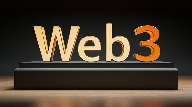 Golden 3D Web3 text standing on black platform with warm spotlight, symbolizing blockchain, decentralization, and the future of the internet - Powered by Adobe