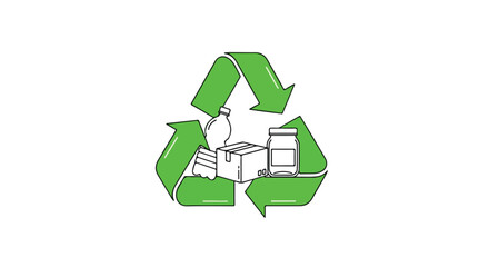 Fototapeta premium Minimalist Illustration of Green Recycling Symbol with Various Recyclable Items Depicted Inside on White Backdrop