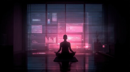 Silhouette meditating in futuristic room with glowing digital screens and pink neon light, symbolizing balance, mindfulness, and cyber technology harmony