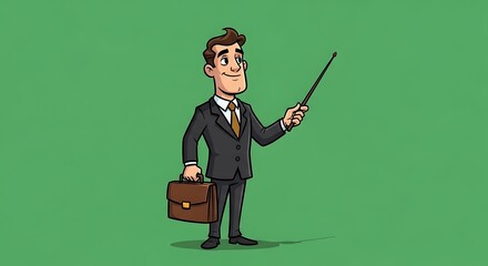 A cartoon businessperson in a suit, holding a pointer and briefcase, stands confidently against a solid green background.