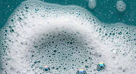 White Soap Foam Bubbles, Teal Background, Closeup Texture