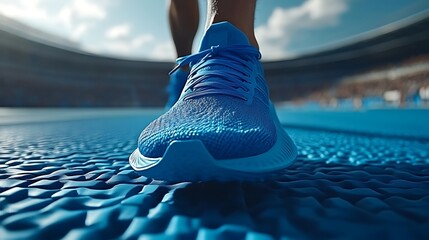 Close-up of a person's blue running shoe on a textured track. The shoe is laced and a close-up view shows the details of the sole and upper. A stadium is visible in the background
