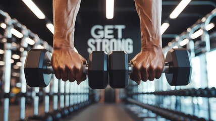 Close up of muscular arms holding dumbbells in a gym with get strong sign