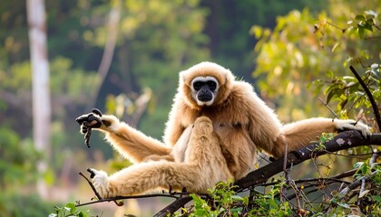 A serene baboon sits atop a branch