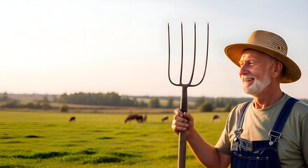 A mature farm worker holds a pitchfork in a meadow at sunset