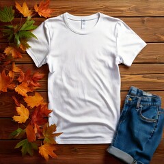 A white t-shirt is centered on a wooden surface, surrounded by autumn leaves and jeans