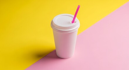 White Disposable Coffee Cup with Pink Straw, Minimalist Design, Yellow Pink Background