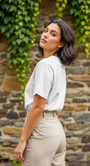 Fototapeta premium Woman in blank white shirt from back side view. Casual apparel clothing mock up