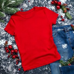 Christmas t-shirt mockup festive top view holiday apparel template for winter fashion, seasonal clothing design, and creative christmas branding presentation
