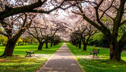 Fototapeta premium Blossoming cherry trees line a park path