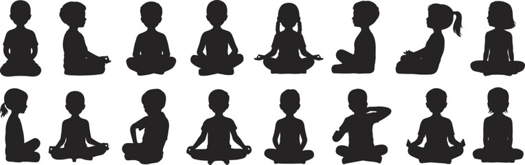 Children meditating silhouettes, mindfulness poses, cross-legged sitting, calm activity, black vector kids, peaceful posture, relaxation, wellness, yoga, focus