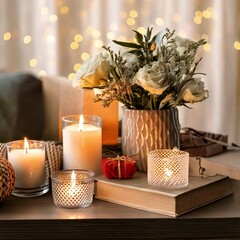 Home interior concept with candle, flowers and book on the table