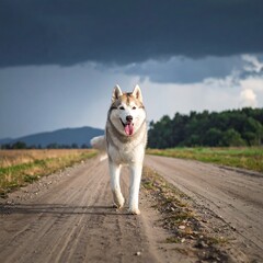 Fototapeta premium A husky dog walks down a dirt road on a partly cloudy day. A picturesque country scene