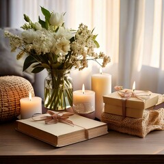 Home interior concept with candle, flowers and book on the table