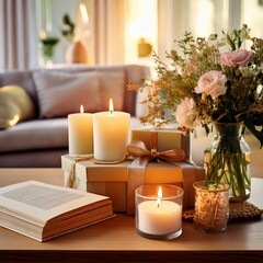 Home interior concept with candle, flowers and book on the table