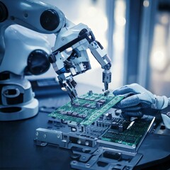 Robotic arms perform precise manufacturing tasks in a hightech factory, showcasing advanced automation and engineering in the industrial production line