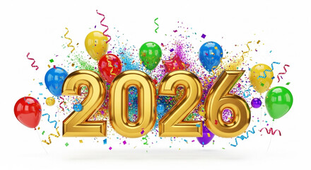 new year 2026 typography with ballons on isolated white background Happy 2026 Greeting Card with Fireworks Happy New Year 2026: Festive Celebration Background New Year's Eve 2026 Party Countdown Ba

