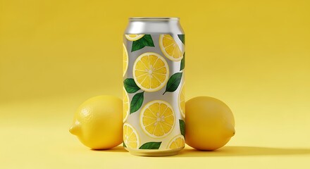 Lemon Soda Can Mockup, Aluminum Can Design, Refreshing Drink Packaging