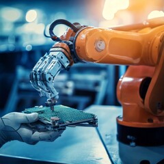 Robotic arms perform precise manufacturing tasks in a hightech factory, showcasing advanced automation and engineering in the industrial production line