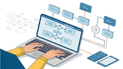 Business Workflow and Data Management, Digital Collaboration and Technology, Business Person Working on a Project Flowchart
