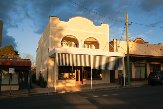 Historic buildings along quiet street in regional Australian town
