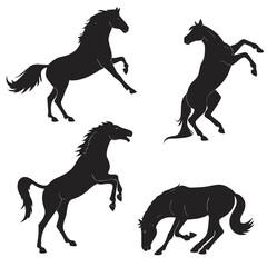 Black Silhouette Horses in Various Poses on White Background