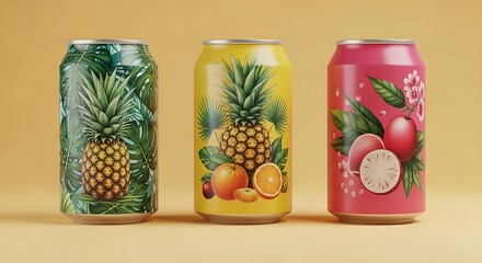 Pineapple, Orange, Grapefruit Soda Cans, Tropical Fruit Drinks, Retro Packaging Design