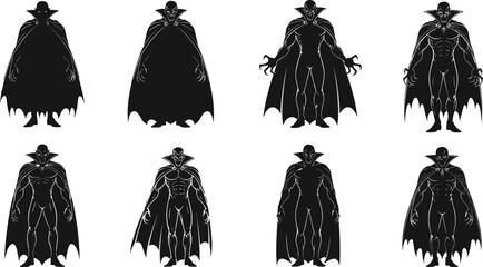 Dark vampire silhouette illustration, scary dracula character design, gothic horror artwork, halloween monster figure, evil night creature, spooky vampire costume drawing