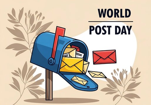 World post day an open mailbox overflowing with letters, celebrating world post day, with a red envelope nearby, set against a neutral background