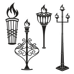 Collection of four black silhouette torches and lampposts