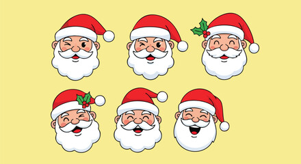 Six cartoon Santa Claus faces with different expressions, wearing red hats and white beards.