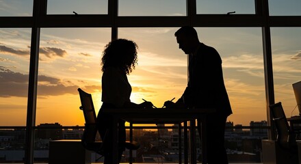 Two business professionals silhouetted against a vibrant sunset in a modern office, standing at a desk and appearing to sign documents.