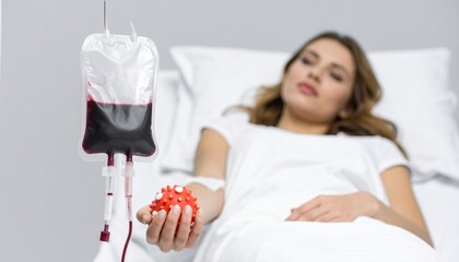 Young woman donating blood, holding a bouncy ball in hand, with blood bag hanging beside, medical donation process scene on neutral background