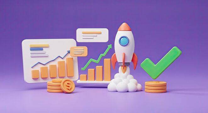 3D render of a rocket launching, symbolizing a successful business startup with financial growth charts, coins, and a green checkmark.