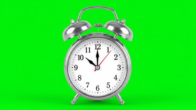 Classic silver alarm clock showing eleven o'clock on bright green background.