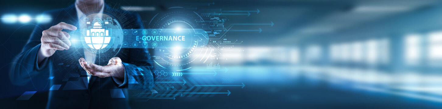 E-Governance, Businessman holding transparent global industry, digital public services, online citizen engagement, smart policy implementation, data-driven decision-making, accessibility enhancement