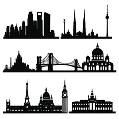 Naklejka premium Famous City Skylines Silhouettes Iconic Landmarks architecture