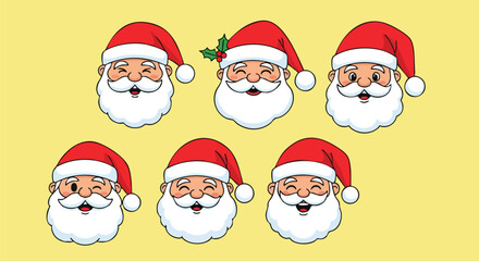 Illustration of seven Santa Claus faces with red hats and white beards on a yellow background.