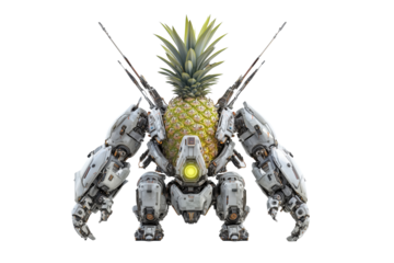 Gray Mechanical Robot With Pineapple Centerpiece A clown stands with his arms folded