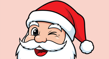 A close-up illustration of Santa Claus winking with a red hat and white beard.