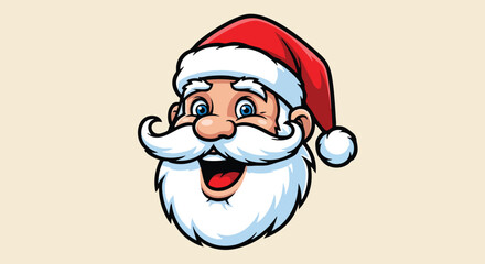 Cartoon illustration of Santa Claus's smiling face with a white beard and red hat.
