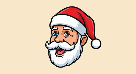 Cartoon illustration of Santa Claus head with hat and white beard.