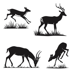 Four Silhouette Deer Poses with Grass on White Background