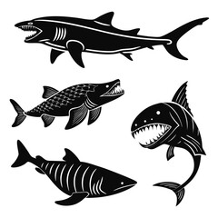 Four Silhouettes of Sharks and a Fish Skeleton bones